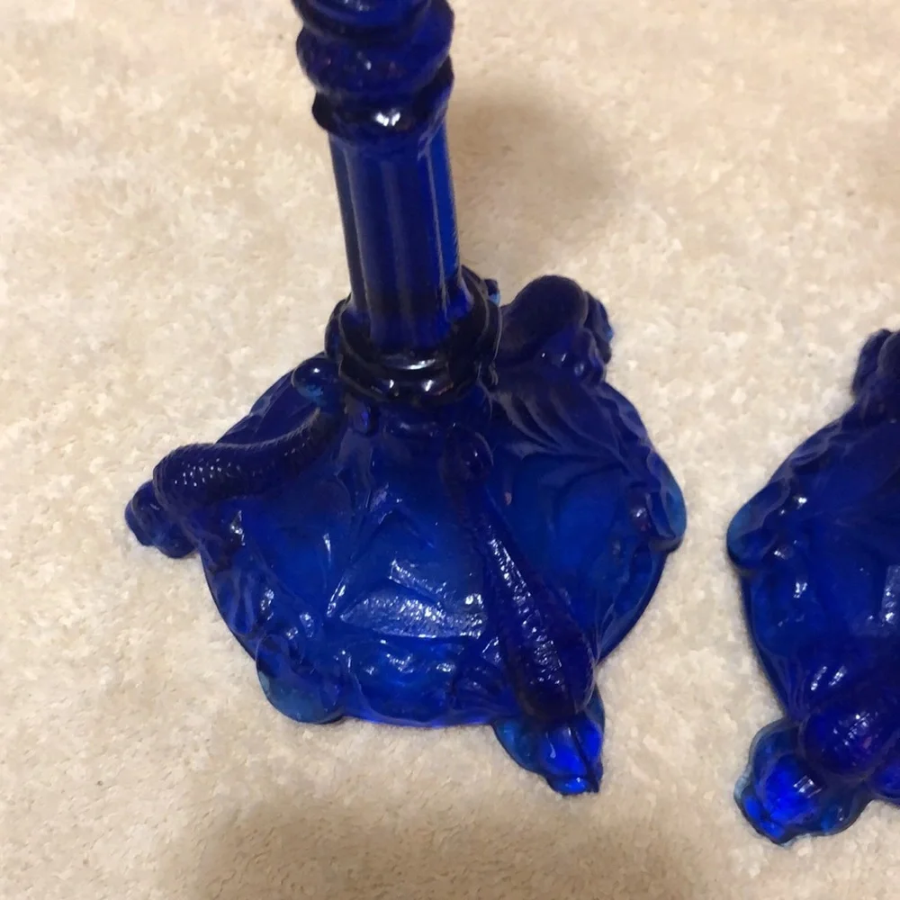 Portieux Vallerysthal Bavards 8.5” Koi Candlesticks Cobalt Blue Glass